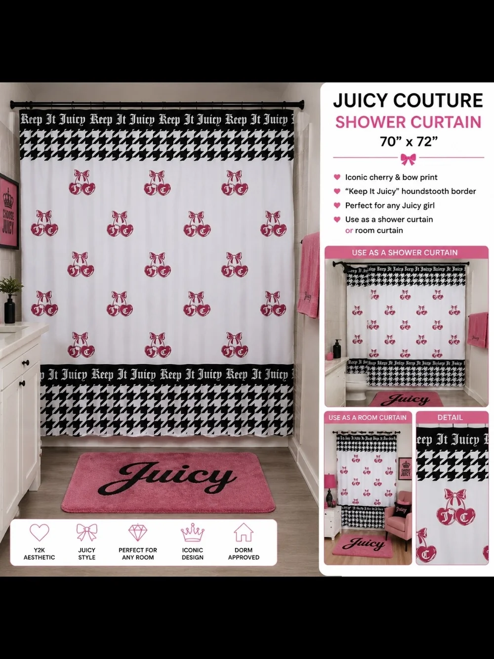 Juicy Couture White, Pink & Black Cherry Print Shower Curtain